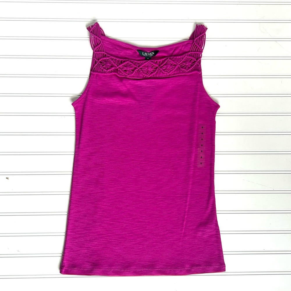 NWT Ralph Lauren Tank Pink Hibiscus Crochet Detail Top SMALL